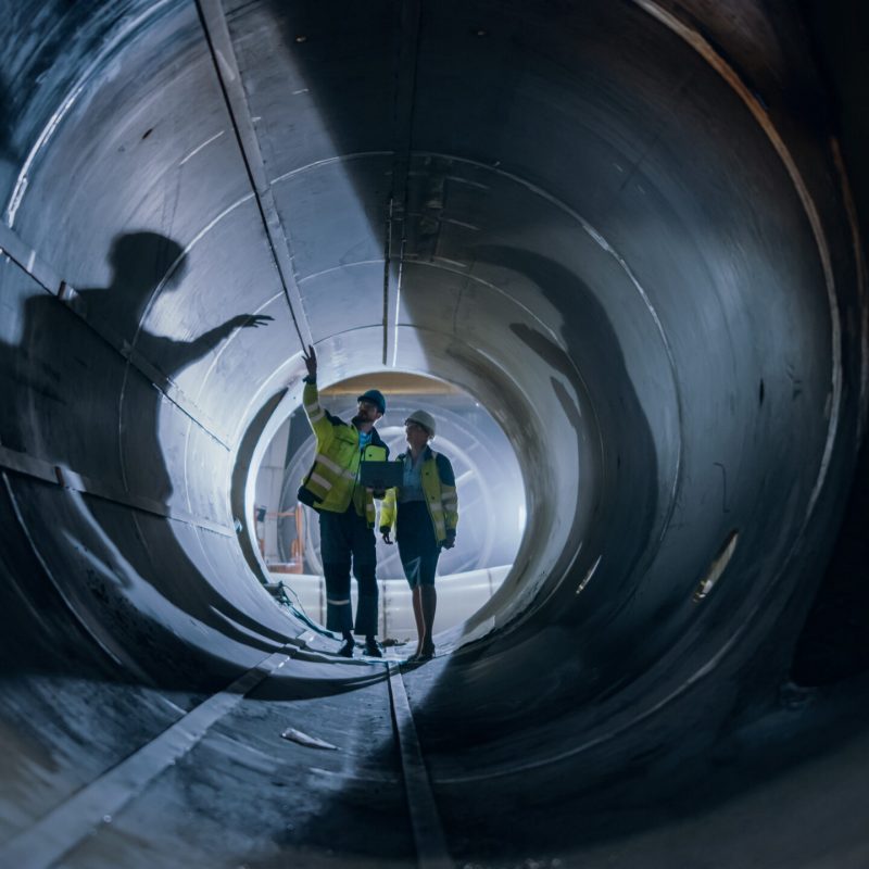 Two,Heavy,Industry,Engineers,Walking,Inside,Pipe,,Use,Laptop,,Have