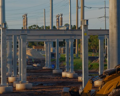 Under,Construction,Structural,Steel,Circuit,Breaker,Steel,Structures,,Setting,Equipment,